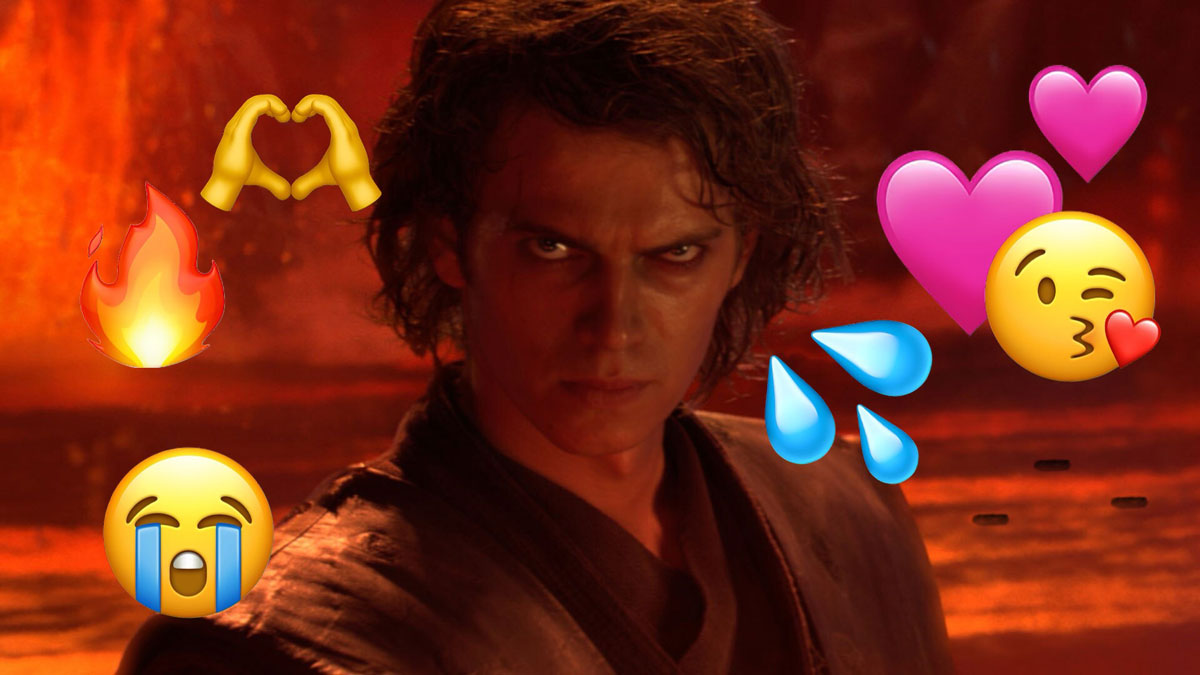 Anakin on Mustafar from Revenge of this Sith overlayed with emoji stickers of hearts, fire, water droplets, and hand heart gesture